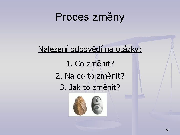 Proces změny Nalezení odpovědí na otázky: 1. Co změnit? 2. Na co to změnit?