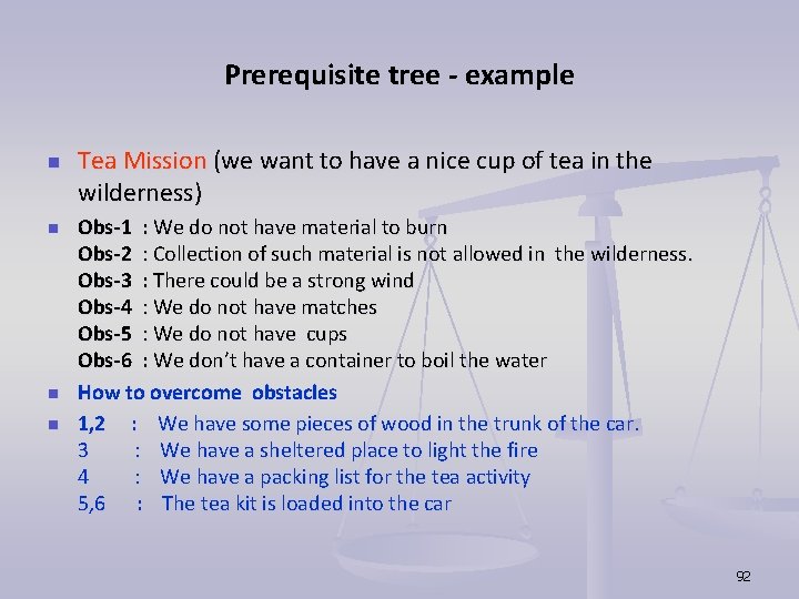 Prerequisite tree - example n n Tea Mission (we want to have a nice