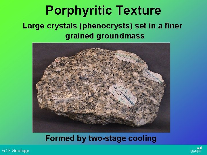 Porphyritic Texture Large crystals (phenocrysts) set in a finer grained groundmass Formed by two-stage