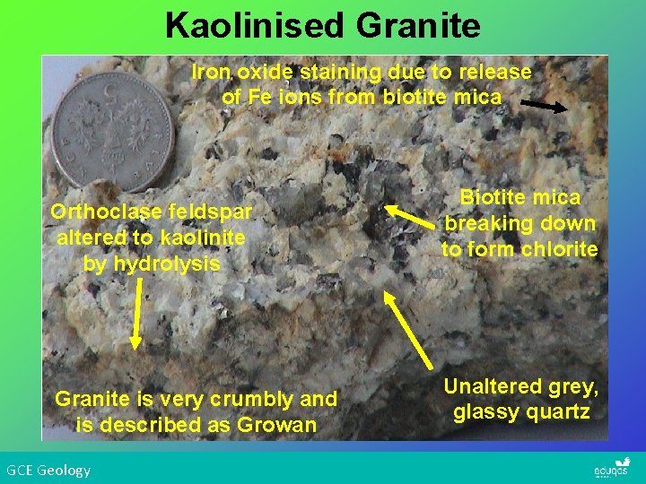 Kaolinised Granite Iron oxide staining due to release of Fe ions from biotite mica