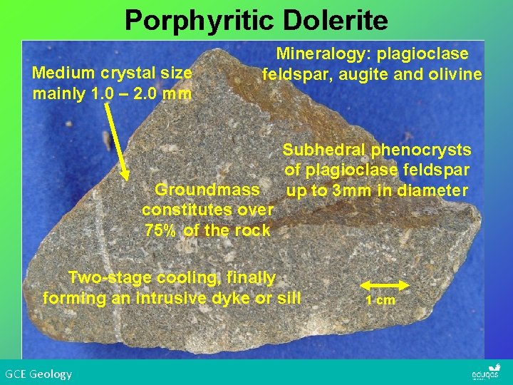 Porphyritic Dolerite Medium crystal size mainly 1. 0 – 2. 0 mm Mineralogy: plagioclase