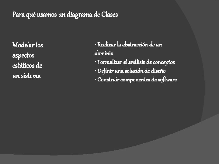 Para qué usamos un diagrama de Clases Modelar los aspectos estáticos de un sistema