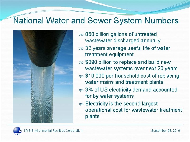 National Water and Sewer System Numbers 850 billion gallons of untreated wastewater discharged annually