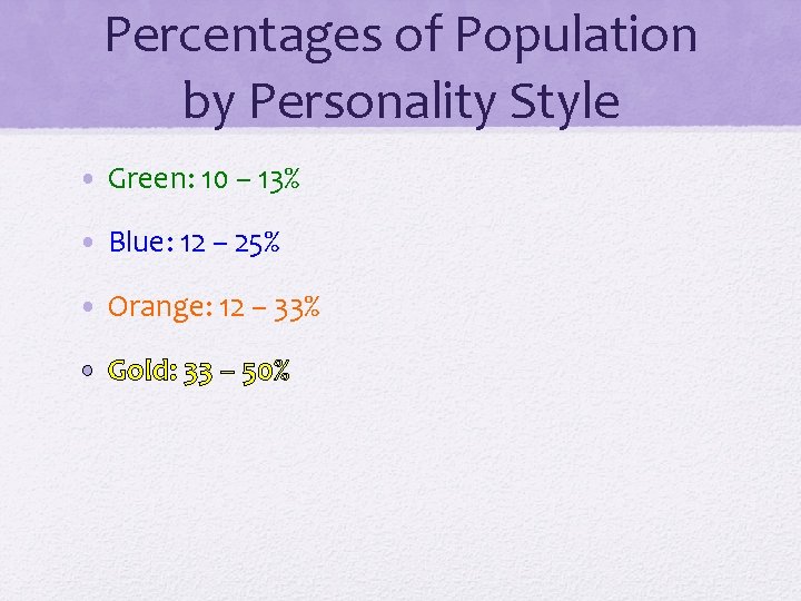 Percentages of Population by Personality Style • Green: 10 – 13% • Blue: 12 Percentages of Population by Personality Style • Green: 10 – 13% • Blue: 12