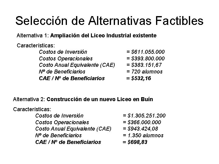 Selección de Alternativas Factibles Alternativa 1: Ampliación del Liceo Industrial existente Características: Costos de