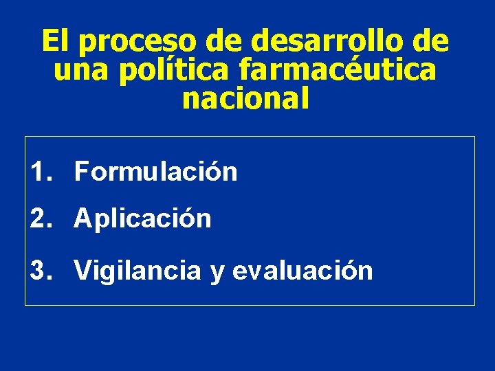 El proceso de desarrollo de una política farmacéutica nacional 1. Formulación 2. Aplicación 3.