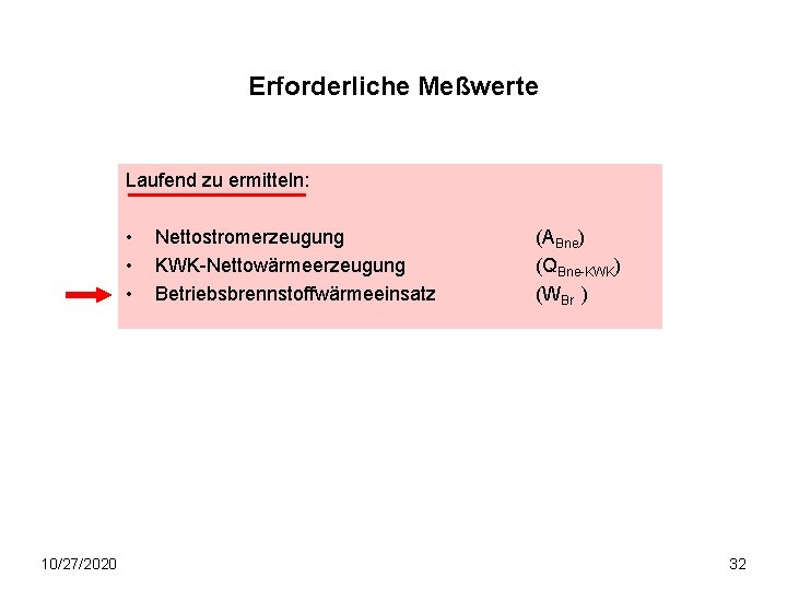 Erforderliche Meßwerte Laufend zu ermitteln: • • • 10/27/2020 Nettostromerzeugung KWK-Nettowärmeerzeugung Betriebsbrennstoffwärmeeinsatz (ABne) (QBne-KWK)