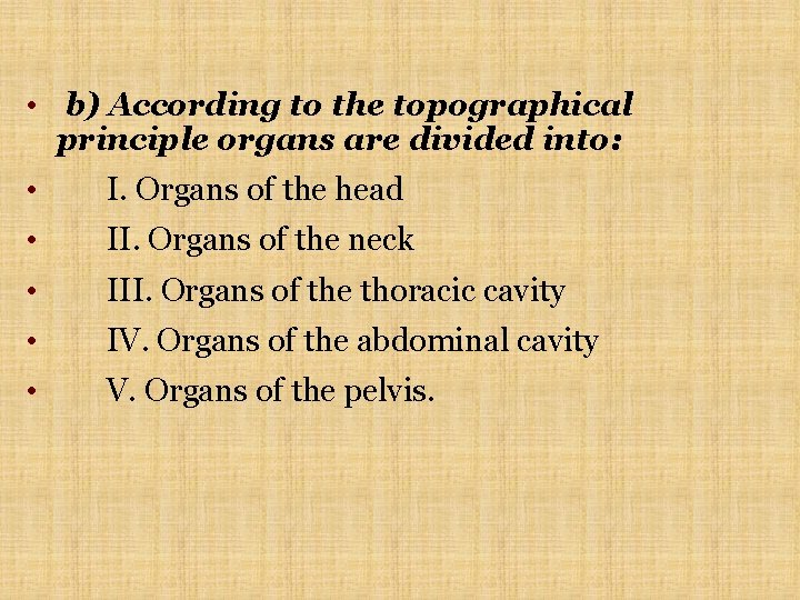  • b) According to the topographical principle organs are divided into: • I.