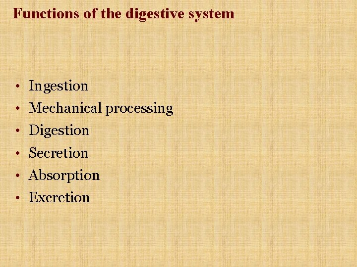 Functions of the digestive system • Ingestion • Mechanical processing • Digestion • Secretion