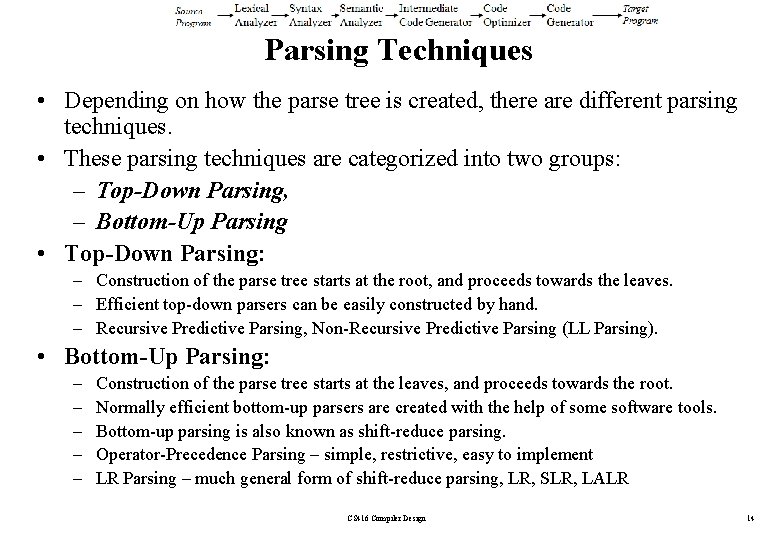 Parsing Techniques • Depending on how the parse tree is created, there are different
