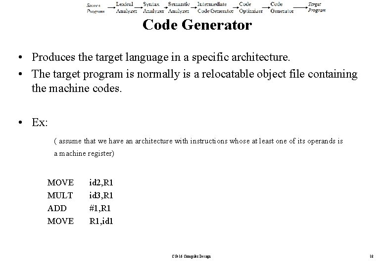 Code Generator • Produces the target language in a specific architecture. • The target