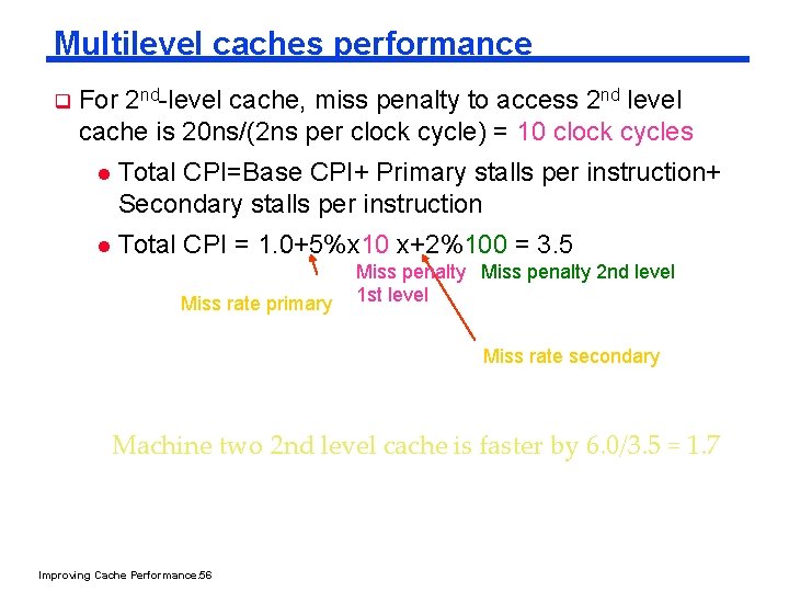 Multilevel caches performance q For 2 nd-level cache, miss penalty to access 2 nd