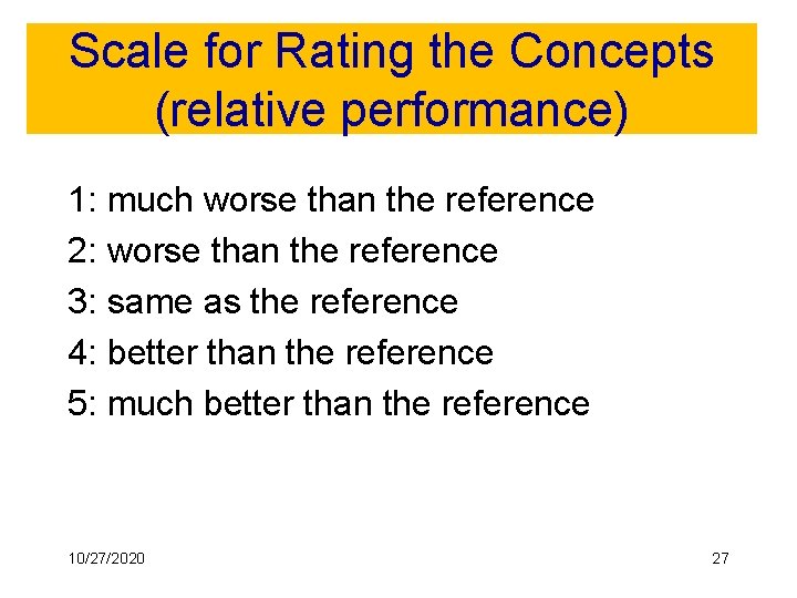 Scale for Rating the Concepts (relative performance) 1: much worse than the reference 2: