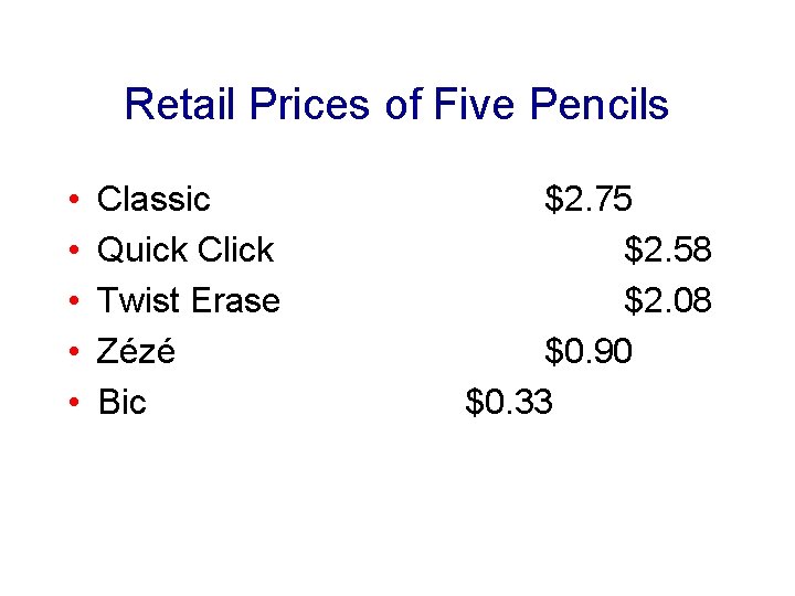 Retail Prices of Five Pencils • • • Classic Quick Click Twist Erase Zézé