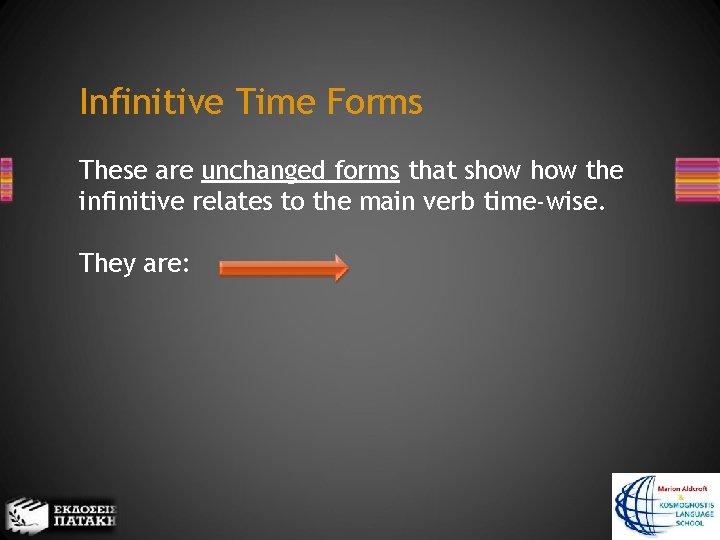 Infinitive Time Forms These are unchanged forms that show the infinitive relates to the