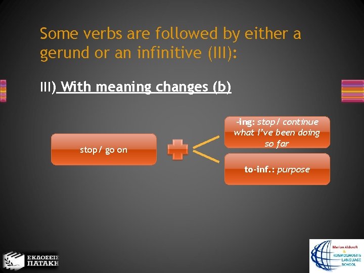 Some verbs are followed by either a gerund or an infinitive (III): III) With