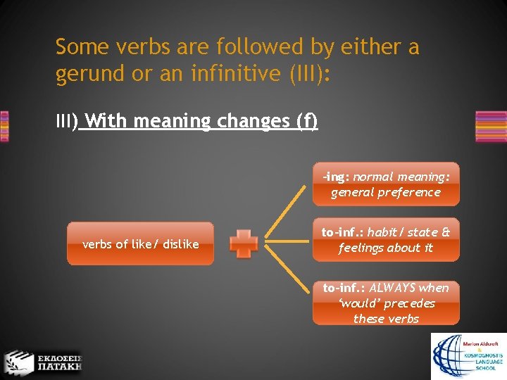 Some verbs are followed by either a gerund or an infinitive (III): III) With