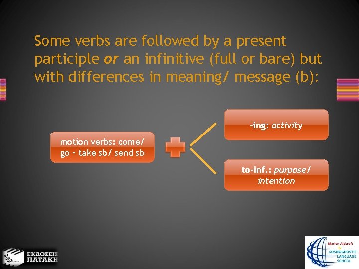 Some verbs are followed by a present participle or an infinitive (full or bare)