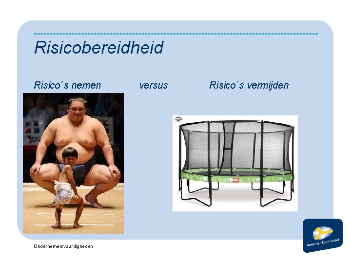 Risicobereidheid Risico´s nemen Ondernemersvaardigheden versus Risico´s vermijden 