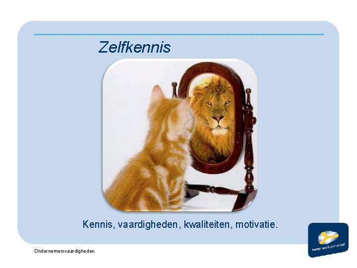 Zelfkennis Kennis, vaardigheden, kwaliteiten, motivatie. Ondernemersvaardigheden 