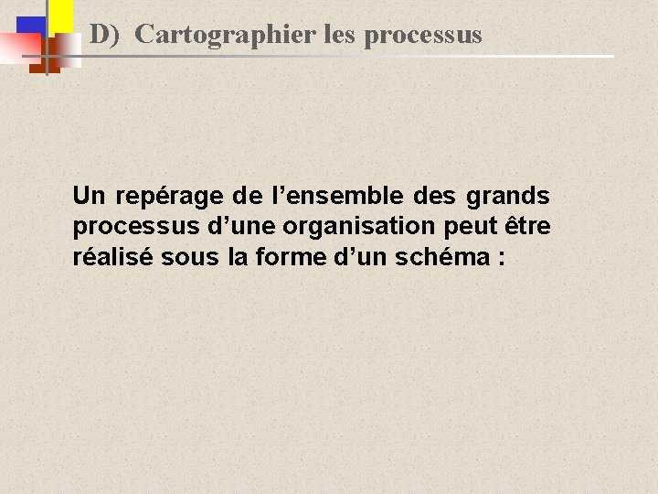 D) Cartographier les processus Un repérage de l’ensemble des grands processus d’une organisation peut