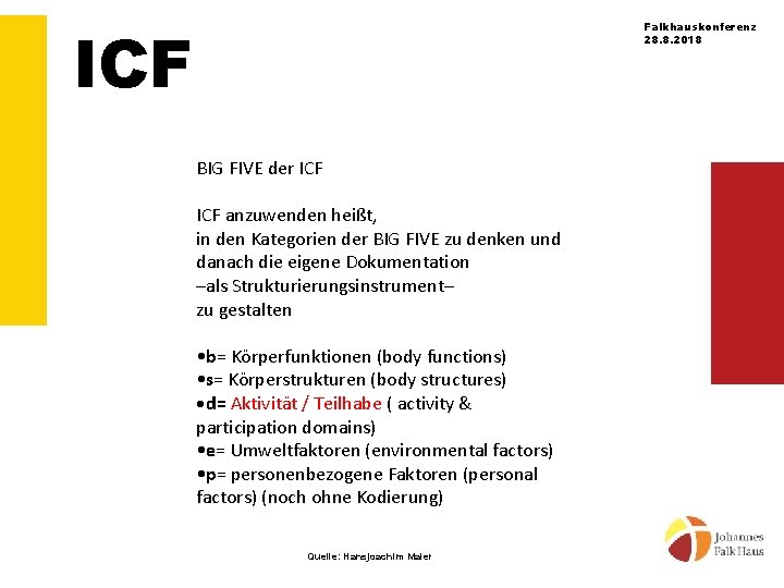 ICF Falkhauskonferenz 28. 8. 2018 BIG FIVE der ICF anzuwenden heißt, in den Kategorien