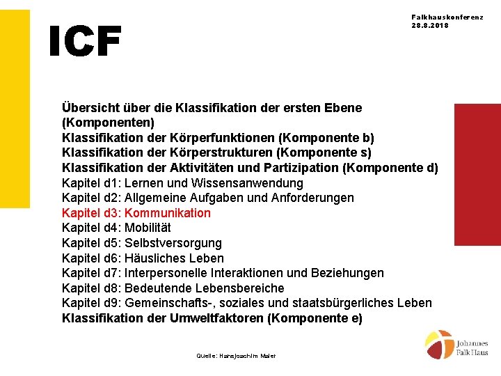 ICF Falkhauskonferenz 28. 8. 2018 Übersicht über die Klassifikation der ersten Ebene (Komponenten) Klassifikation