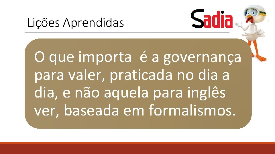 Lições Aprendidas O que importa é a governança para valer, praticada no dia a