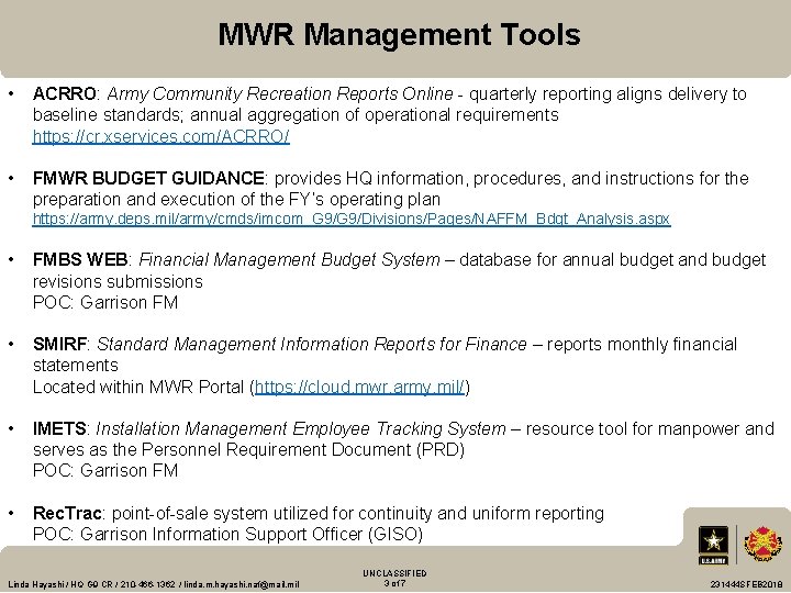 MWR Management Tools • ACRRO: Army Community Recreation Reports Online - quarterly reporting aligns