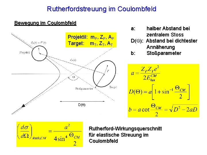 Rutherfordstreuung im Coulombfeld Bewegung im Coulombfeld a: Projektil: m. P, ZP, AP Target: m.