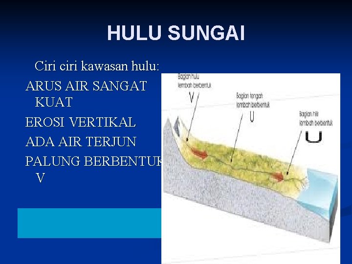 HULU SUNGAI Ciri ciri kawasan hulu: ARUS AIR SANGAT KUAT EROSI VERTIKAL ADA AIR