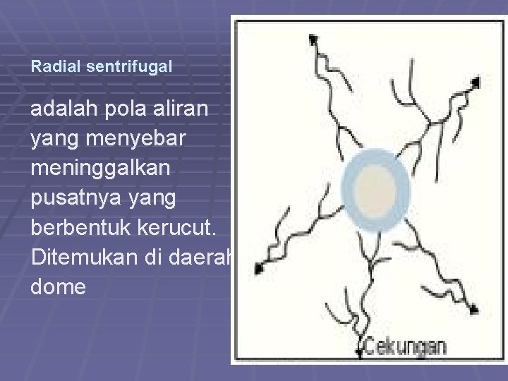 Radial sentrifugal adalah pola aliran yang menyebar meninggalkan pusatnya yang berbentuk kerucut. Ditemukan di
