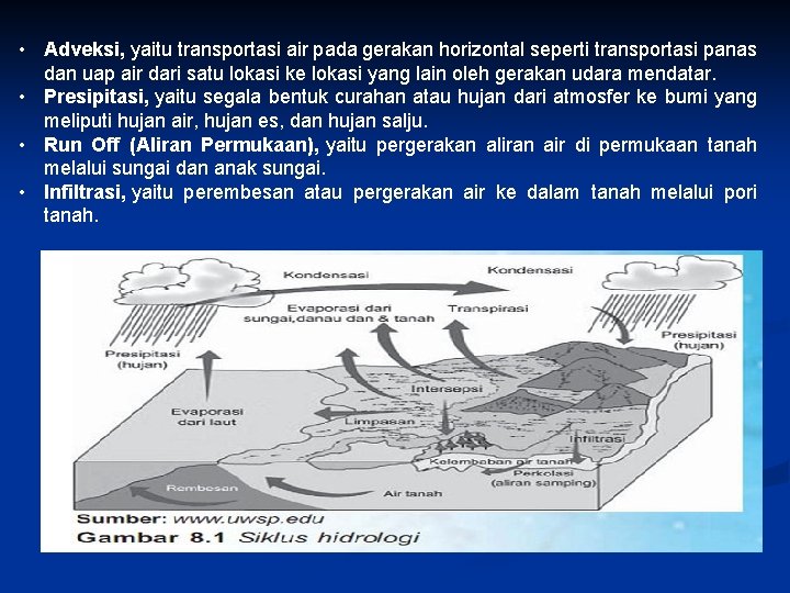  • Adveksi, yaitu transportasi air pada gerakan horizontal seperti transportasi panas dan uap