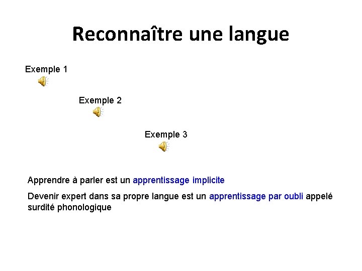 Reconnaître une langue Exemple 1 Exemple 2 Exemple 3 Apprendre à parler est un