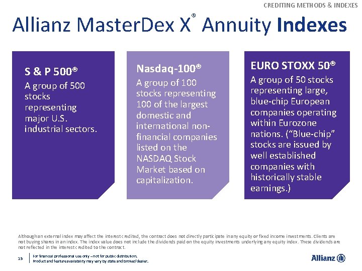 CREDITING METHODS & INDEXES ® Allianz Master. Dex X Annuity Indexes S & P