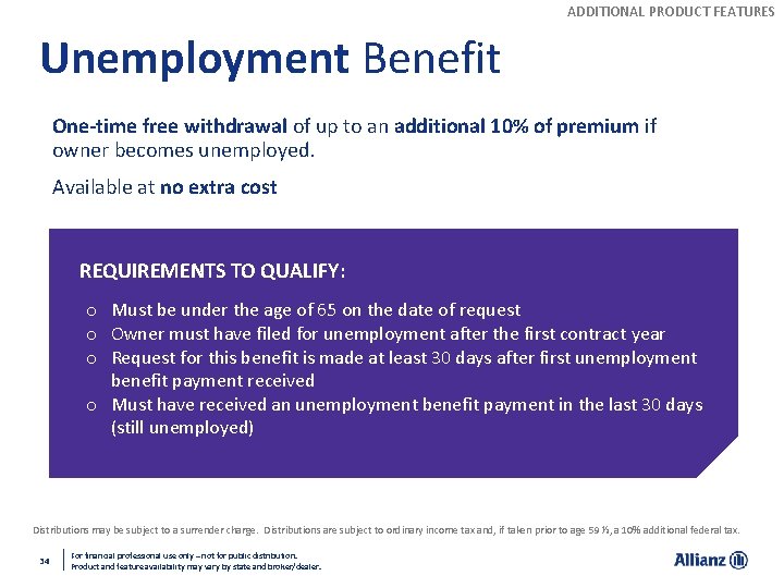 ADDITIONAL PRODUCT FEATURES Unemployment Benefit One-time free withdrawal of up to an additional 10%