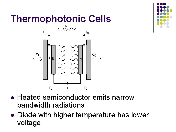 Thermophotonic Cells l l Heated semiconductor emits narrow bandwidth radiations Diode with higher temperature
