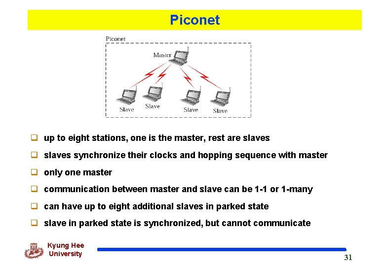 Piconet q up to eight stations, one is the master, rest are slaves q