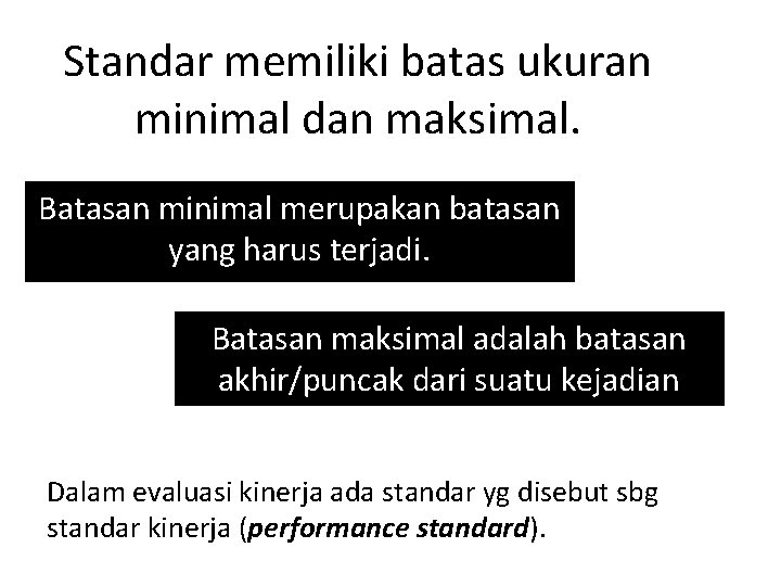 Standar memiliki batas ukuran minimal dan maksimal. Batasan minimal merupakan batasan yang harus terjadi.