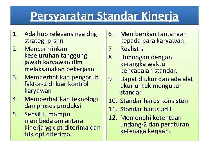 Persyaratan Standar Kinerja 1. Ada hub relevansinya dng strategi prshn 2. Mencerminkan keseluruhan tanggung