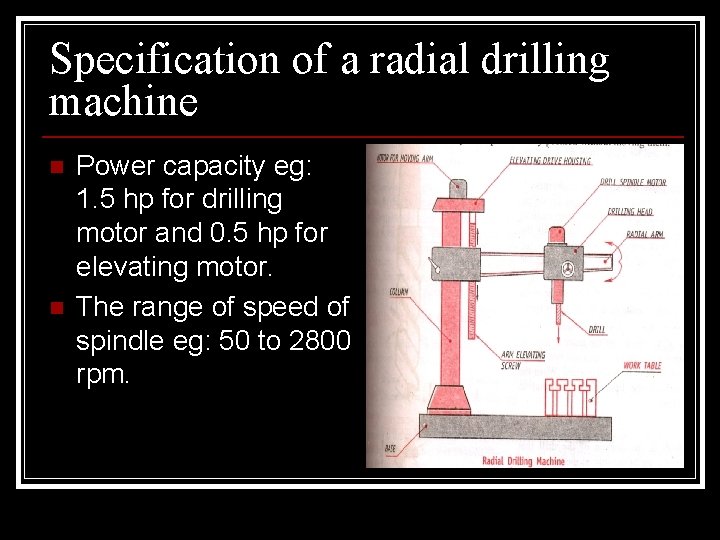Specification of a radial drilling machine n n Power capacity eg: 1. 5 hp