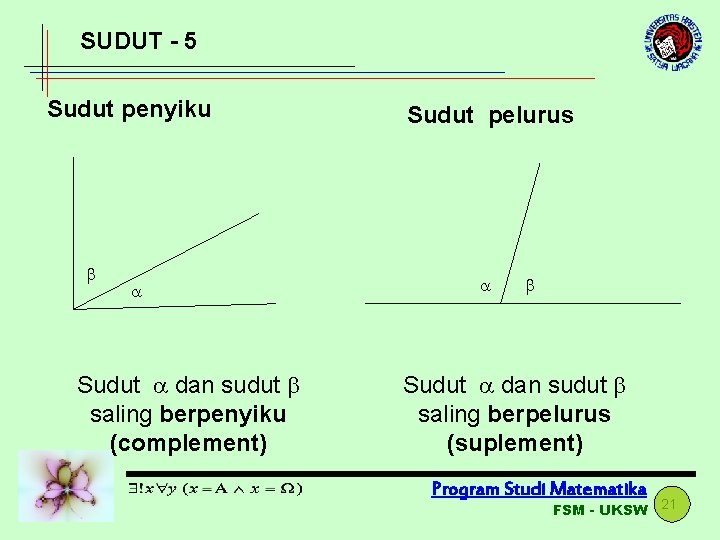 SUDUT - 5 Sudut penyiku Sudut dan sudut saling berpenyiku (complement) Sudut pelurus Sudut