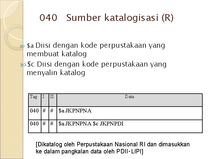 040 Sumber katalogisasi (R) Diisi dengan kode perpustakaan yang membuat katalog $c Diisi dengan 040 Sumber katalogisasi (R) Diisi dengan kode perpustakaan yang membuat katalog $c Diisi dengan