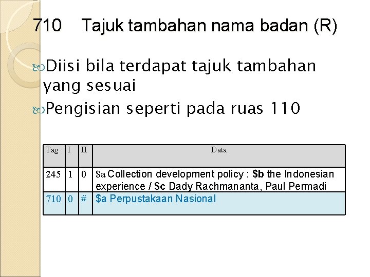 710 Tajuk tambahan nama badan (R) Diisi bila terdapat tajuk tambahan yang sesuai Pengisian 710 Tajuk tambahan nama badan (R) Diisi bila terdapat tajuk tambahan yang sesuai Pengisian