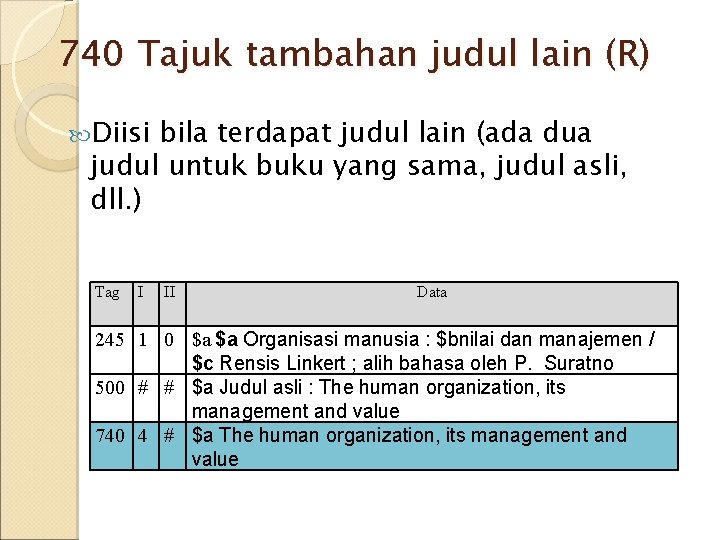 740 Tajuk tambahan judul lain (R) Diisi bila terdapat judul lain (ada dua judul 740 Tajuk tambahan judul lain (R) Diisi bila terdapat judul lain (ada dua judul