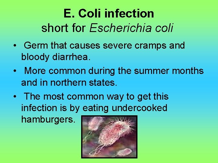 E. Coli infection short for Escherichia coli • Germ that causes severe cramps and