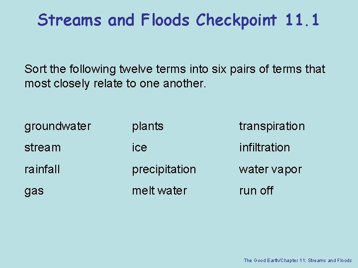 Streams and Floods Checkpoint 11. 1 Sort the following twelve terms into six pairs