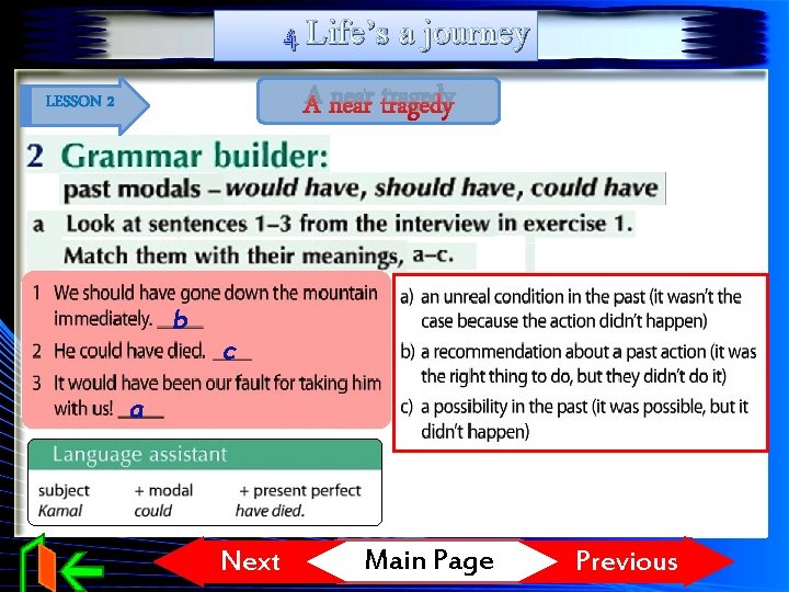 4 Life’s a journey A near tragedy LESSON 2 b c a Next Main