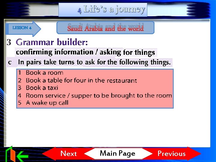 4 Life’s a journey LESSON 4 Saudi Arabia and the world Next Main Page