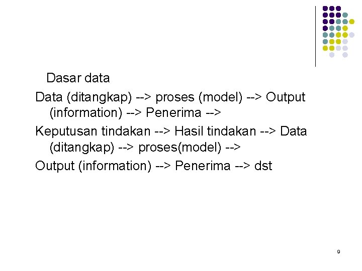 Dasar data Data (ditangkap) --> proses (model) --> Output (information) --> Penerima --> Keputusan